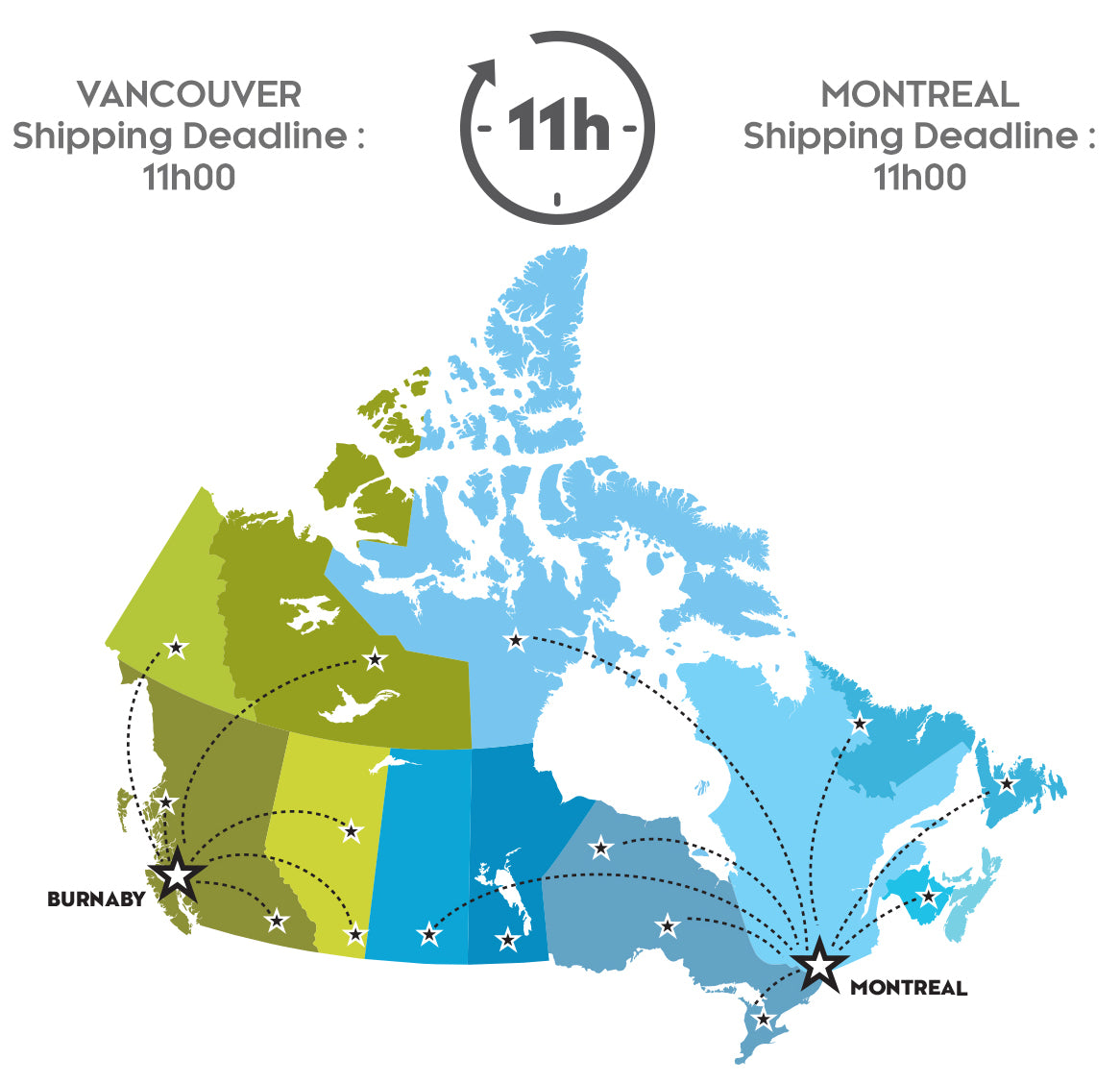 Orders from Western Canada ship from Vancouver while orders from the rest of Canada ship from Montreal.